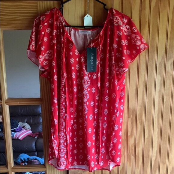 NWT Women's Simple Fun Cherry Red Geo Aztec Southwestern Print Blouse Top XL - Picture 1 of 7